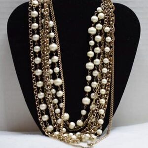 Ann Taylor Vintage Multi Strand Chain Faux Pearl Gold Tone Toggle Latch Necklace